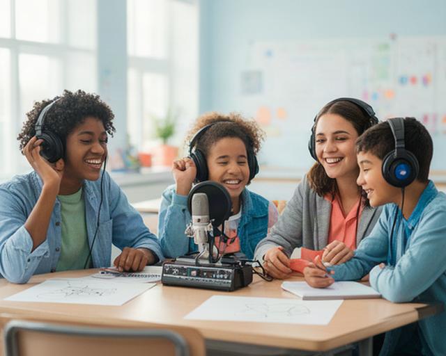 Estudiantes de secundaria usando auriculares y sonriendo mientras graban un podcast en un aula luminosa